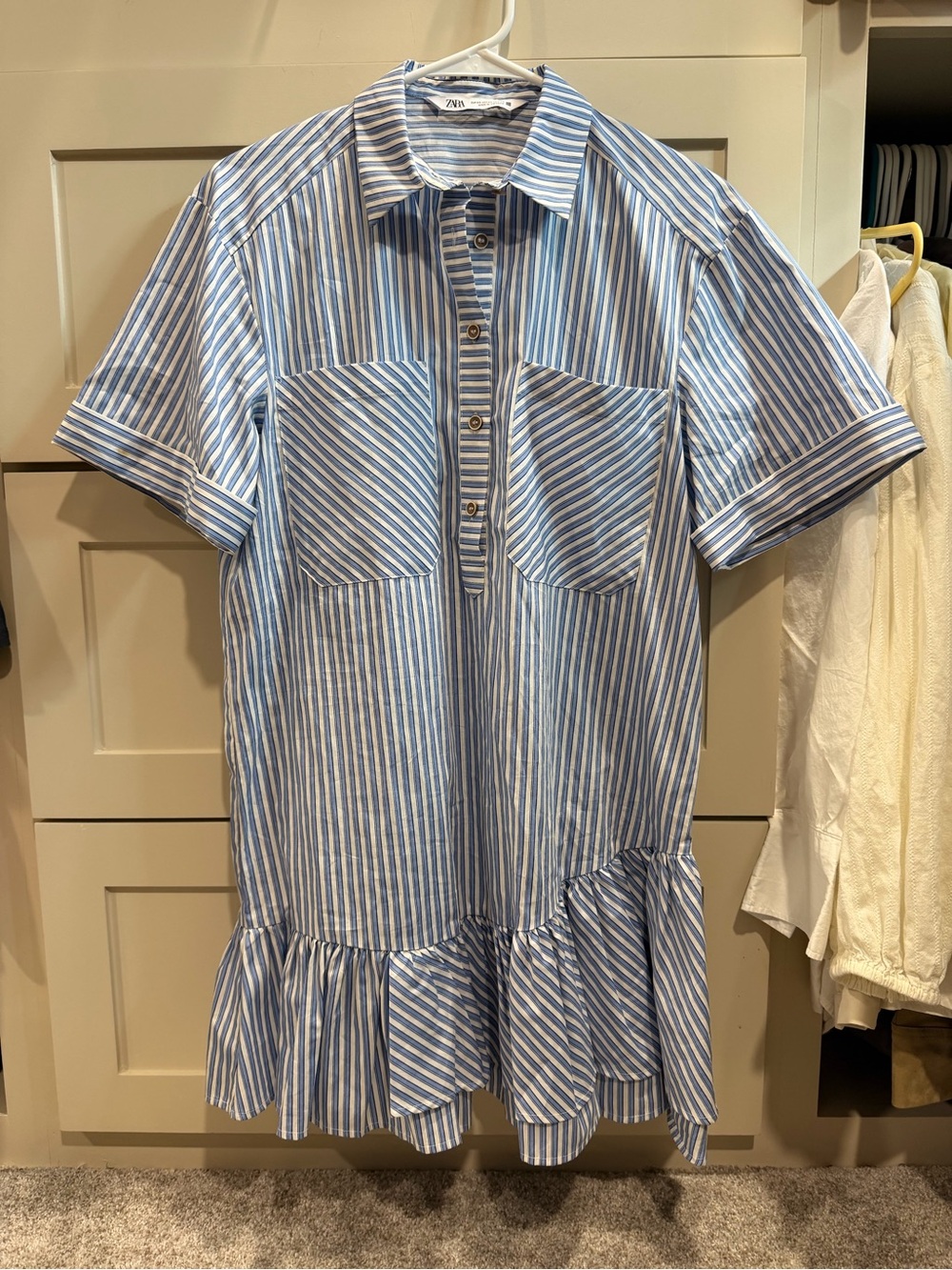 Zara Blue and White Striped Shirt Dress with Ruffle Hem